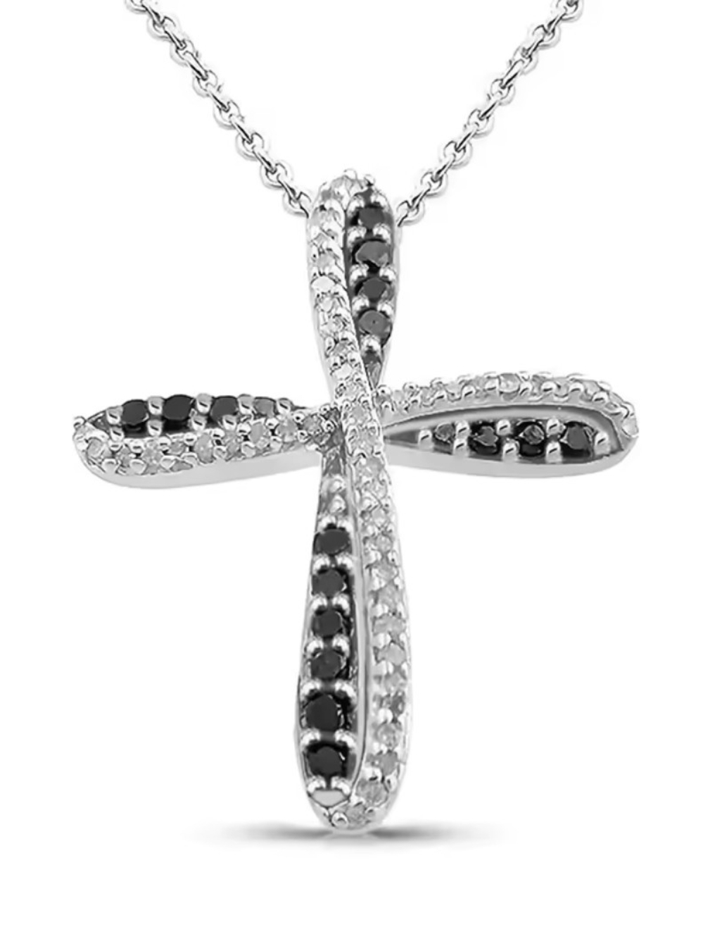 Silver Cross Pendant Necklace with Black and Clear Stones - Picture 2 of 5